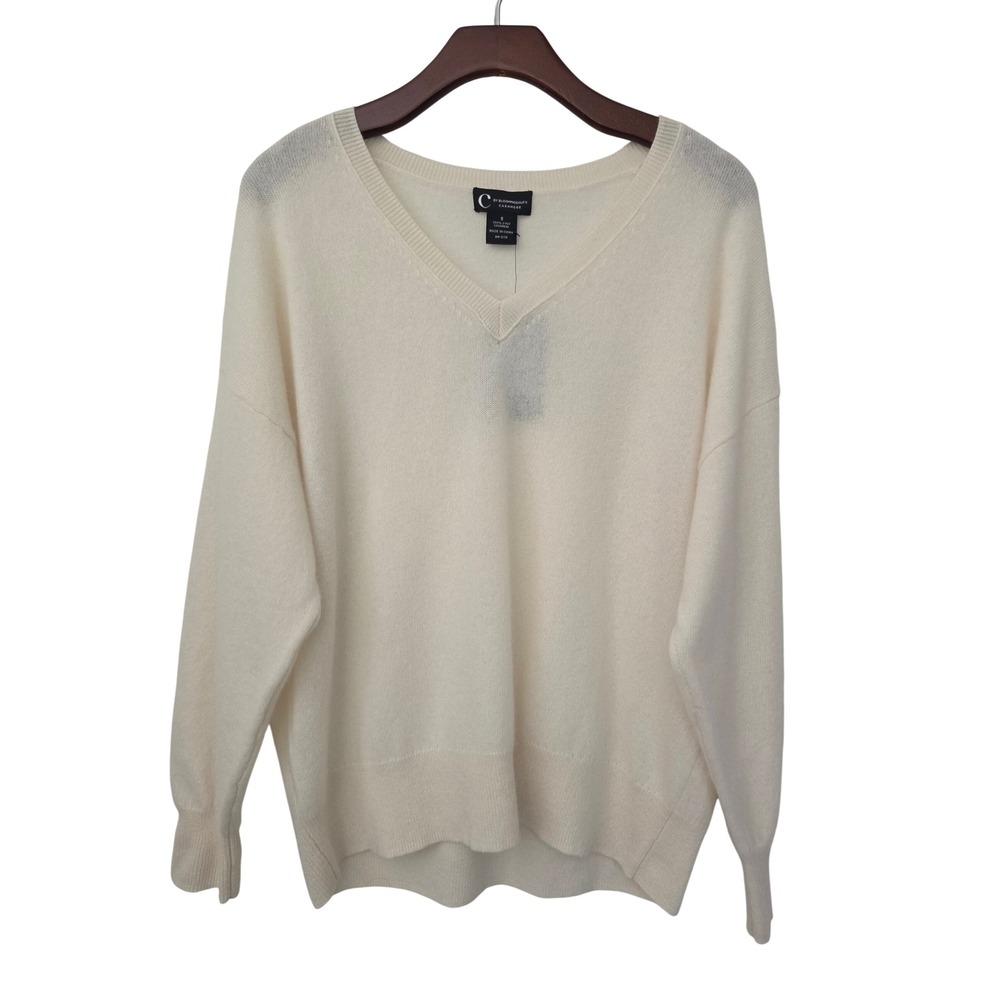 C by Bloomingdale's V-Neck Cashmere Sweater Womens S Ivory NWT $198 V11737